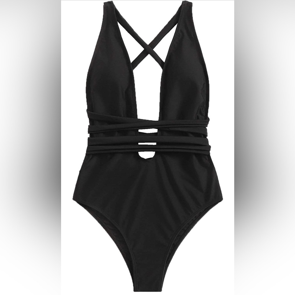 Medium Black One Piece Swimsuit Tie Strappy